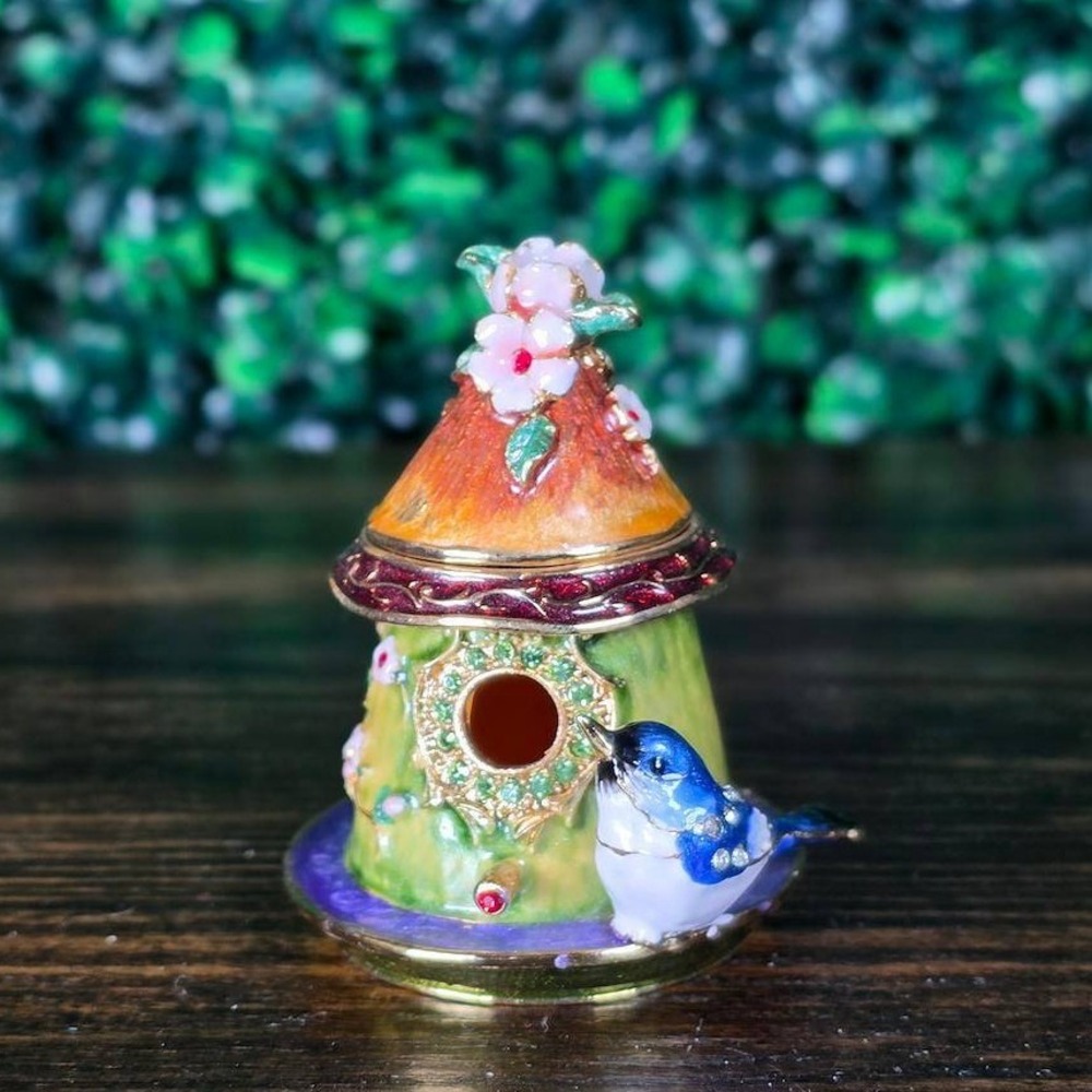Enamel Birdhouse Trinket Box Bluebird Crystal Accents Hinged Keepsake Box
